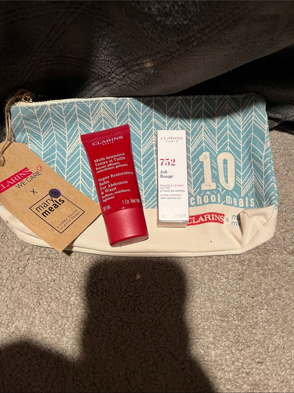 Clarins Joli Rouge Satin Lipstick with Super Restorative Balm Duo w/bag